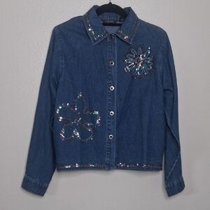 Vintage Agapo Floral Sequin Beads Denim Shirt Boho Festival Artsy Retro 90's PM